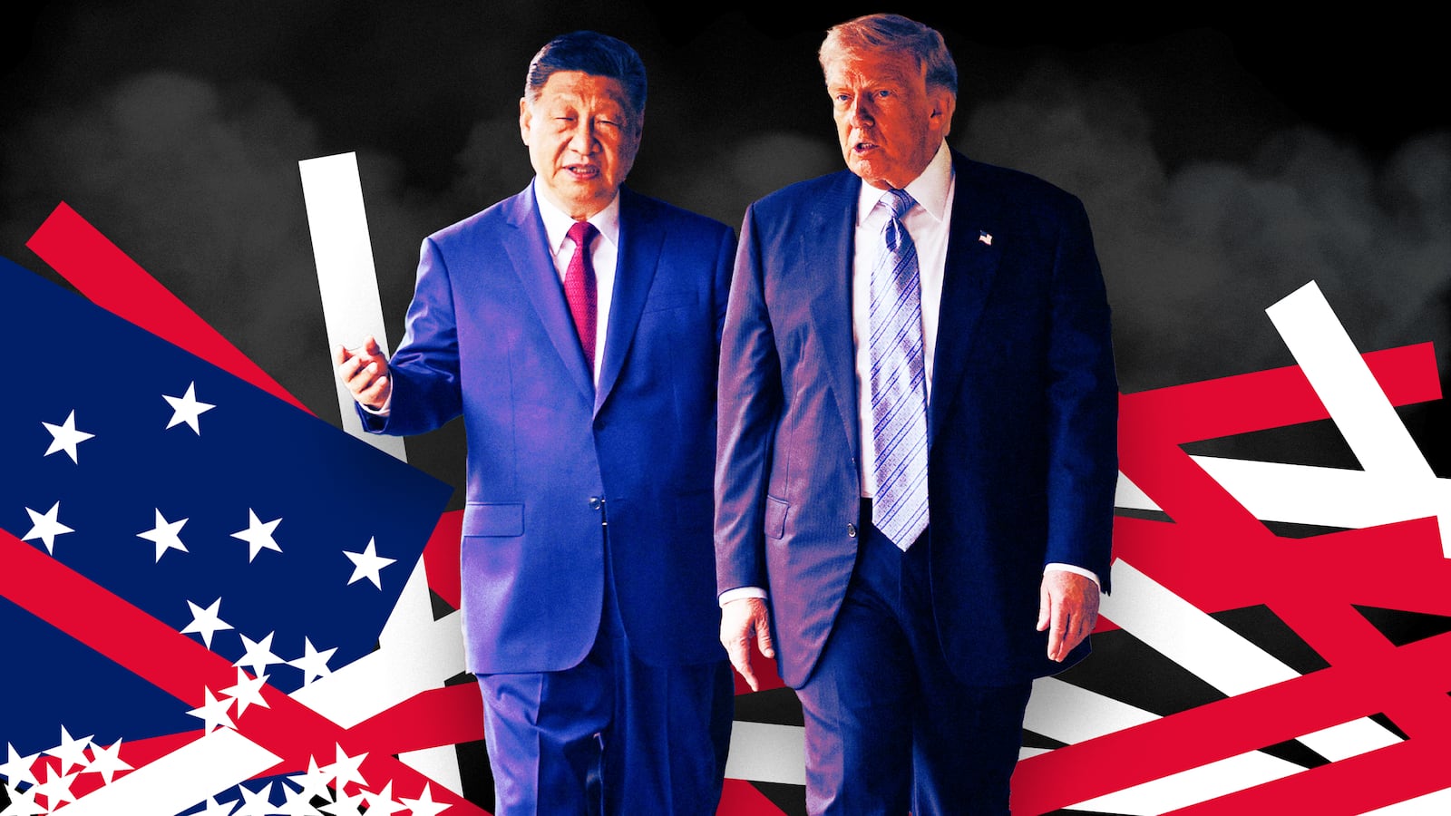 A photo illo illustration of Xi Jinping and Donald Trump and a broken US flag.