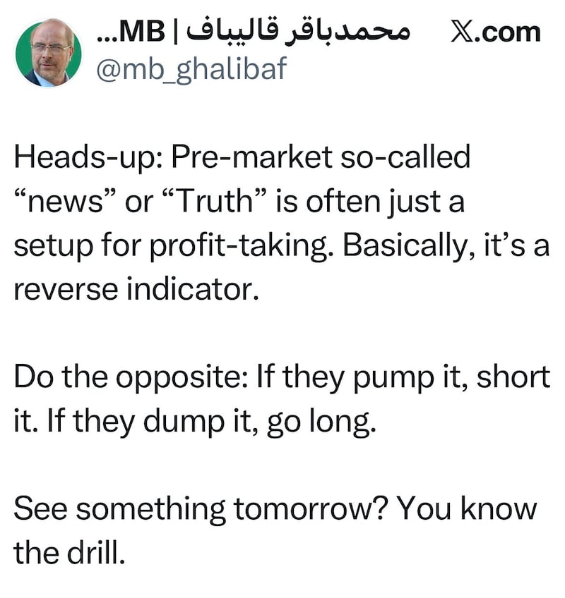 Iran's speaker has called out Trump's Truth Social posts.