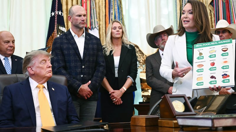 US President Donald Trump listens as US Secretary of Agriculture Brooke Rollins (R) speaks before Trump signs executive orders releated to beef processing and cattle ranchers, in the Oval Office of the White House in Washington, DC, on September 4, 2026. (Photo by Kent NISHIMURA / AFP via Getty Images)