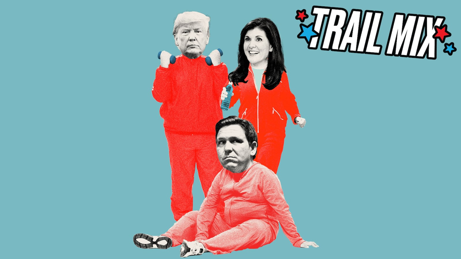 Photo illustration of Nikki Haley, Donald Trump, and Ron DeSantis in red exercise tracksuits