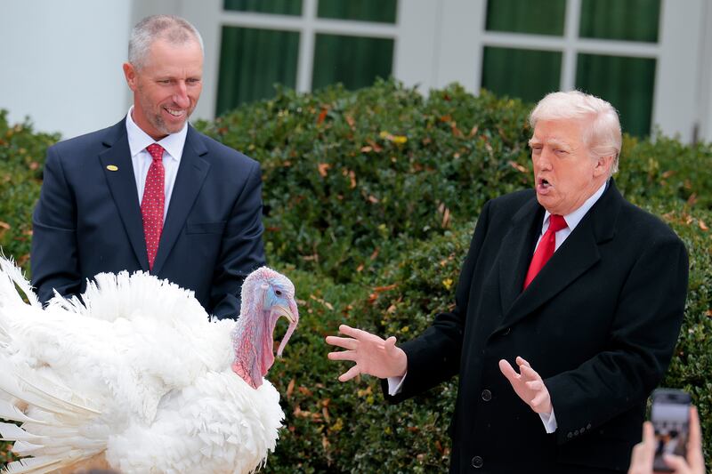 President Donald Trump pardons National Thanksgiving Turkey Gobble during the 78th annual National Thanksgiving Turkey Presentation in the Rose Garden of the White House on November 25, 2025.