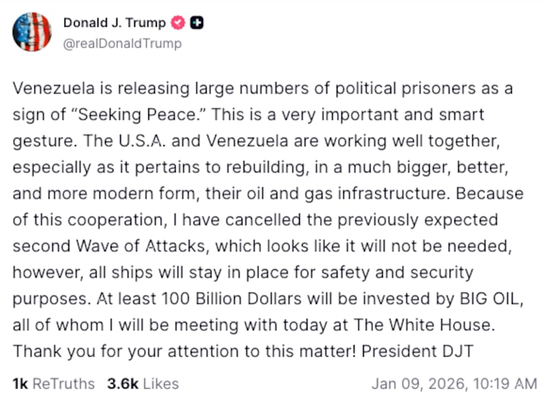 Trump's Truth Social post calling off a second strike on Venezuela.