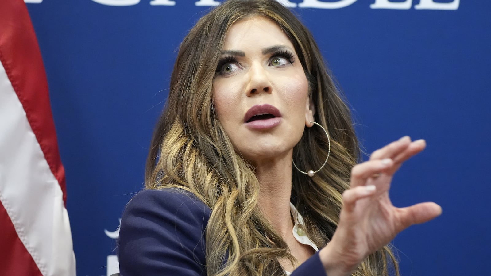 Homeland Security Secretary Kristi Noem participates in a town hall event at the Citadel on November 7, 2025, in Charleston, South Carolina.