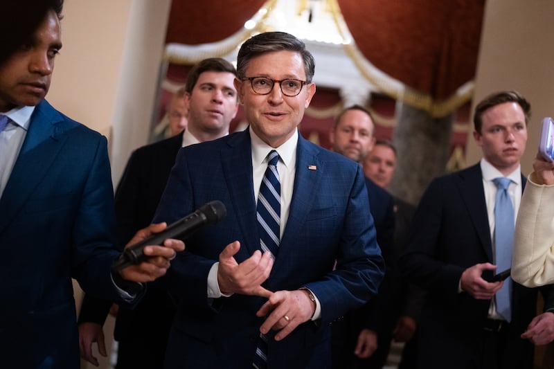 House Speaker Mike Johnson talks with reporters in the U.S. Capitol on Wednesday, June 10, 2026.