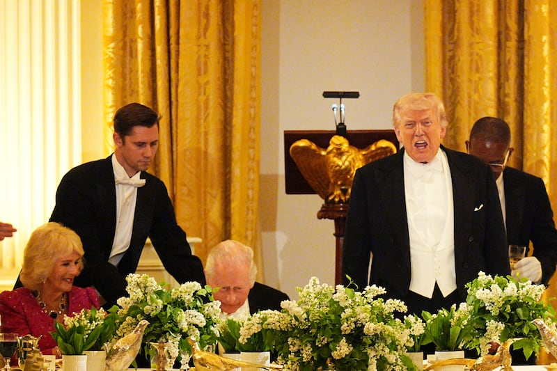 Queen Camilla, King Charles III and President Donald Trump at the State Dinner for the King and Queen, at the White House in Washington DC, on day two of the state visit to the US. Picture date: Tuesday April 28, 2026. (Photo by Aaron Chown/PA Images via Getty Images)