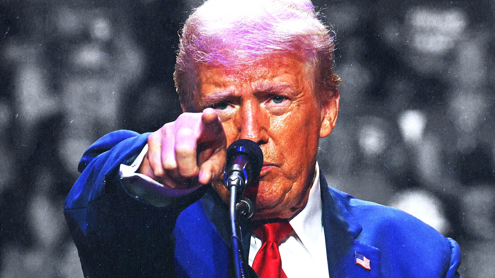Illustration of Donald Trump pointing at a rally.