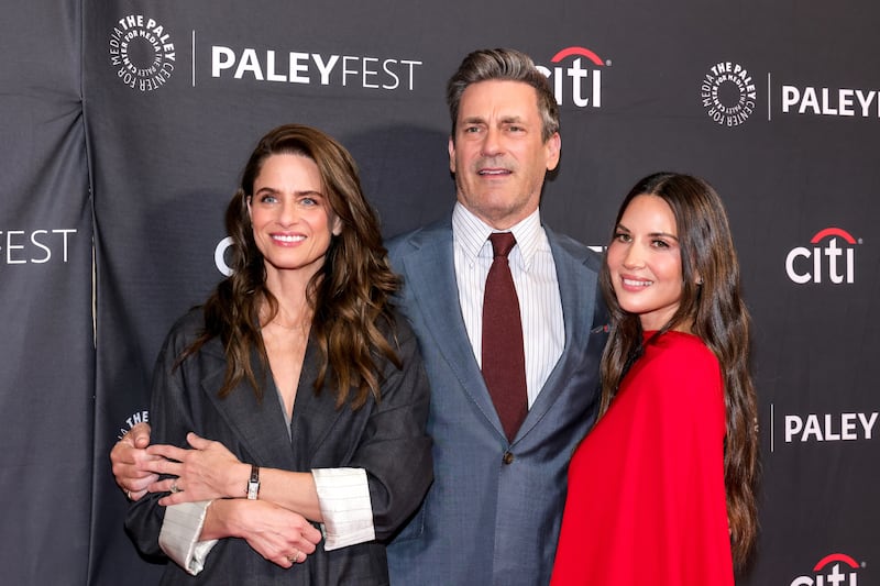 Amanda Peet, Jon Hamm, and Olivia Munn attend Apple TV's “Your Friends and Neighbors” during 2026 PaleyFest L.A. at Dolby Theatre on April 11, 2026, in Hollywood, California.