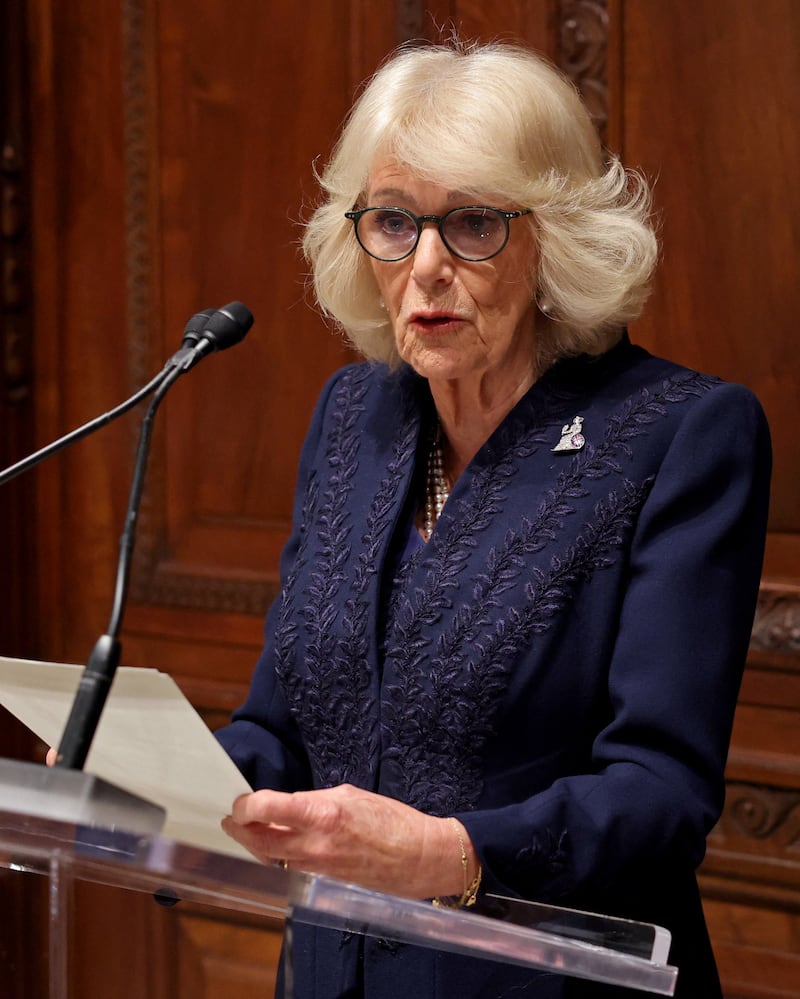 Britain's Queen Camilla makes remarks during a literary engagement at New York Public Library on day three of the State Visit of King Charles III and Queen Camilla to the United States of America, on April 29, 2026 in New York, U.S. Chris Jackson/Pool via REUTERS