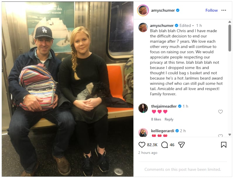 Amy Schumer announces her divorce from husband Chris Fischer in wild Instagram post.