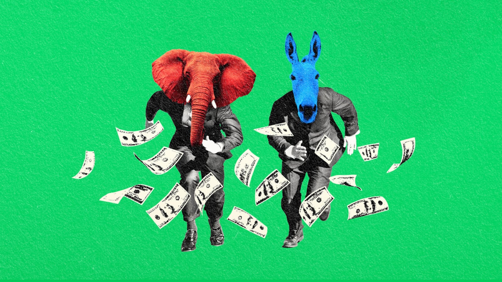 A photo illustration of an elephant and donkey racing towards money
