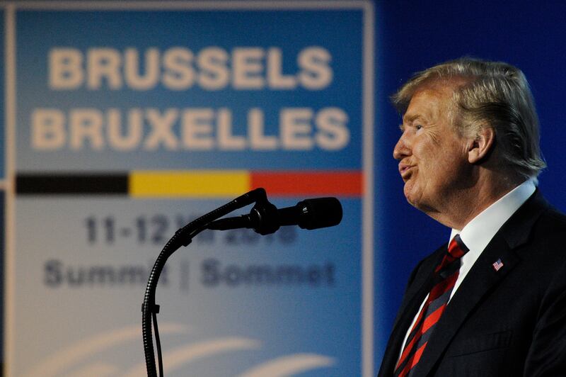 US president Donald Trump is seen during his press conference at the 2018 NATO Summit in Brussels, Belgium on July 12, 2018. (Photo by Jaap Arriens/NurPhoto via Getty Images)