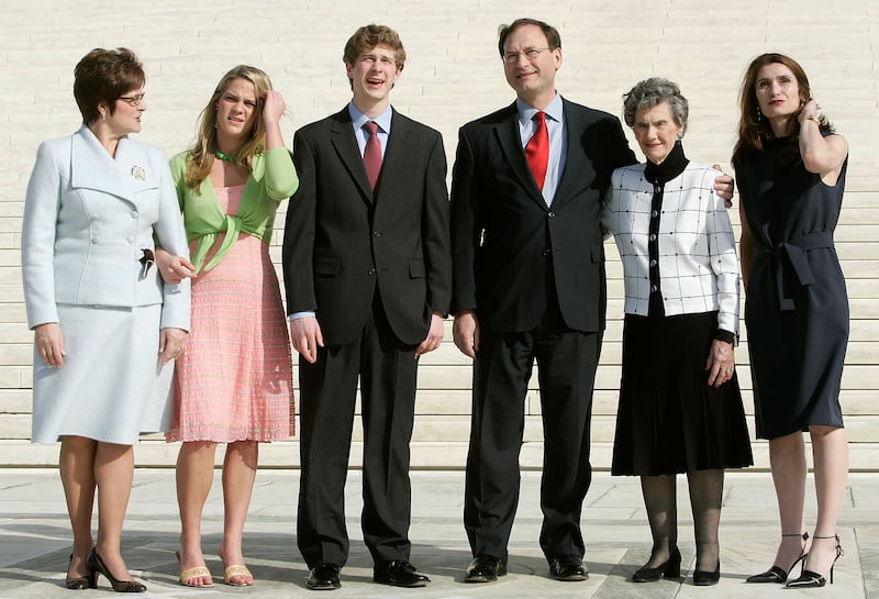 WASHINGTON - FEBRUARY 16:  U.S. Supreme Court Justice Samuel Alito (4th L) and his family (L-R) wife Martha, daughter Laura, son Philip, mother Rose and sister Rosemary stand in front of the court house after an investiture ceremony for Alito February 16, 2006 in Washington, DC. Alito succeeded Sandra Day O'Connor to be the nation's 110th Supreme Court justice.  (Photo by Alex Wong/Getty Images)