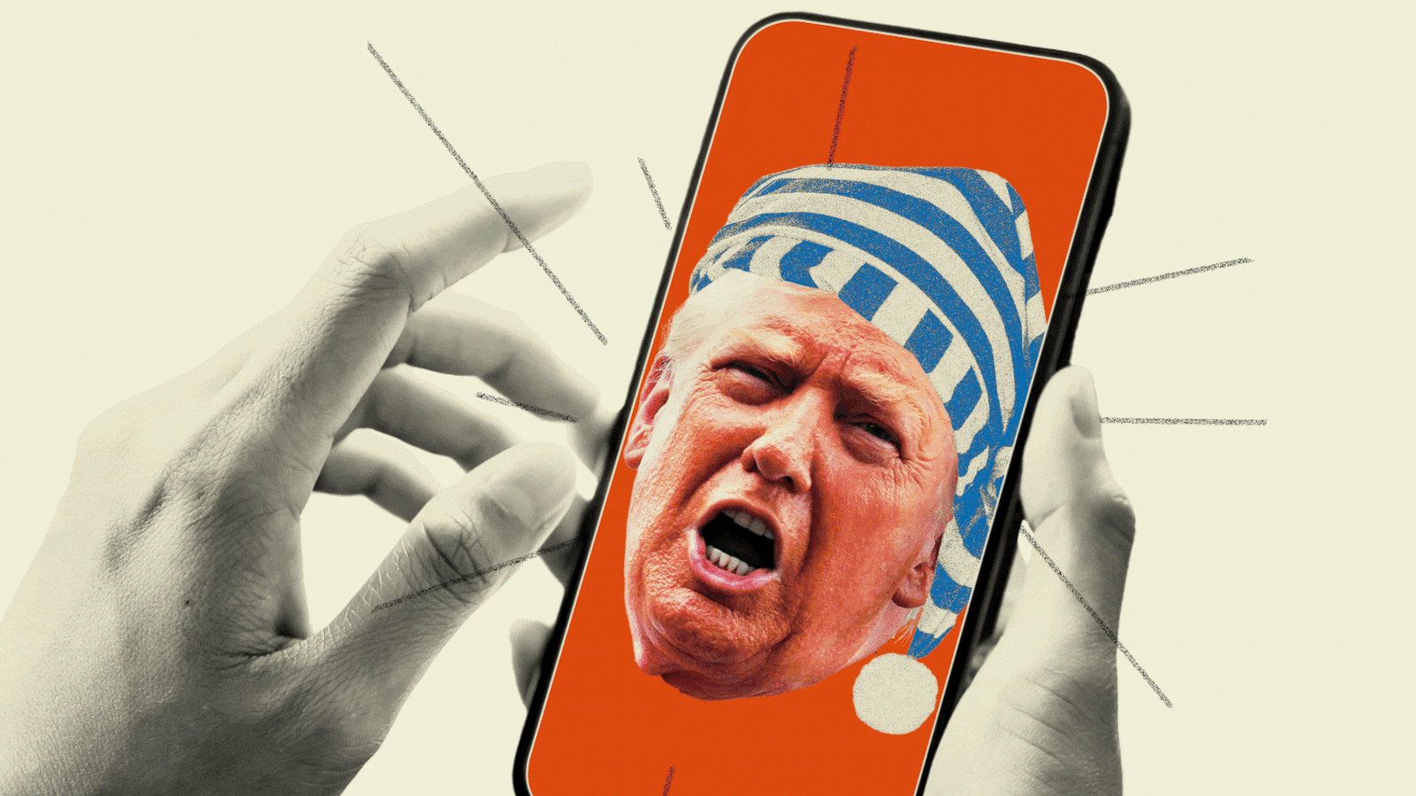Many Donald Trump heads wearing a sleeping cap yelling in a cell phone