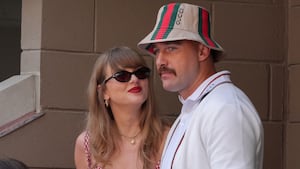 Taylor Swift Travis Kelce attend the men's final match between Italy's Jannik Sinner and USA's Taylor Fritz on day fourteen of the US Open tennis tournament at the USTA Billie Jean King National Tennis Center in New York City, on September 8, 2024.