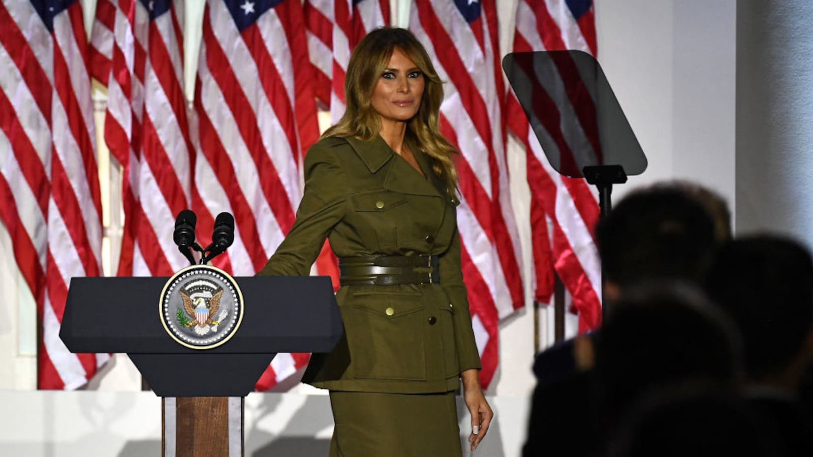 First Lady Melania Trump looks on after addressing the Republican Convention during its second day from the Rose Garden of the White House in 2020.