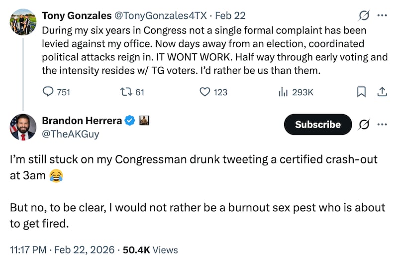 Republican Brandon Herrera has brutally mocked Tony Gonzales’ response to reports of his affair with a former staffer who killed herself.