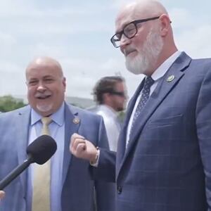 Reps. Mark Pocan (left) and Derrick Van Orden being interviewed outside the U.S. Capitol.