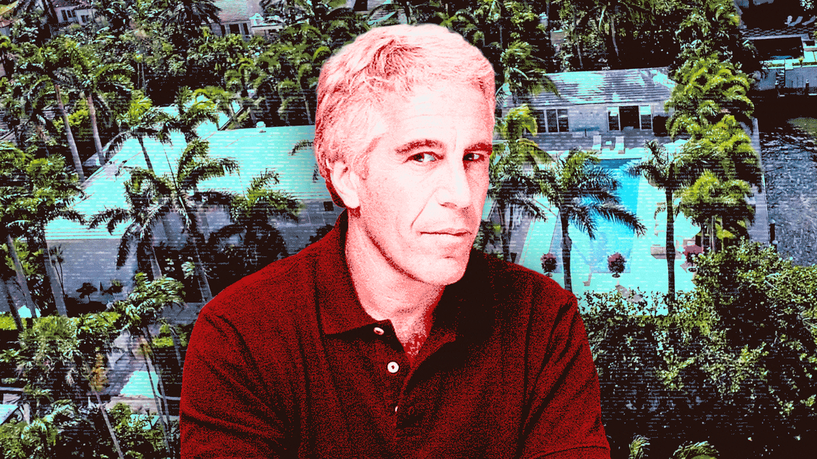 An animated GIF of Jeffrey Epstein in front of his Epstein's mansion in Florida.