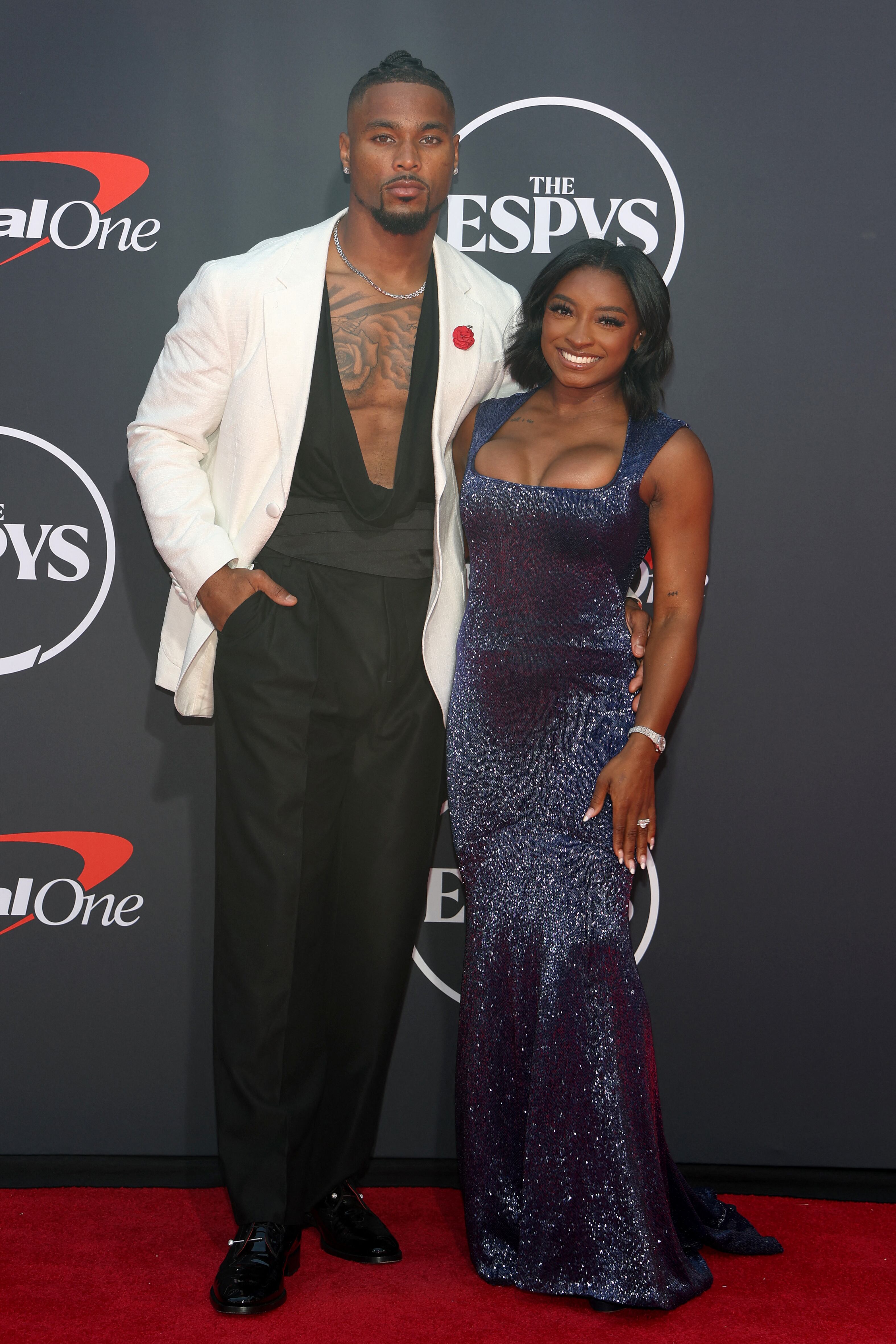 Biles with her husband, football player Jonathan Owens, at the ESPY Awards on July 16, 2025.