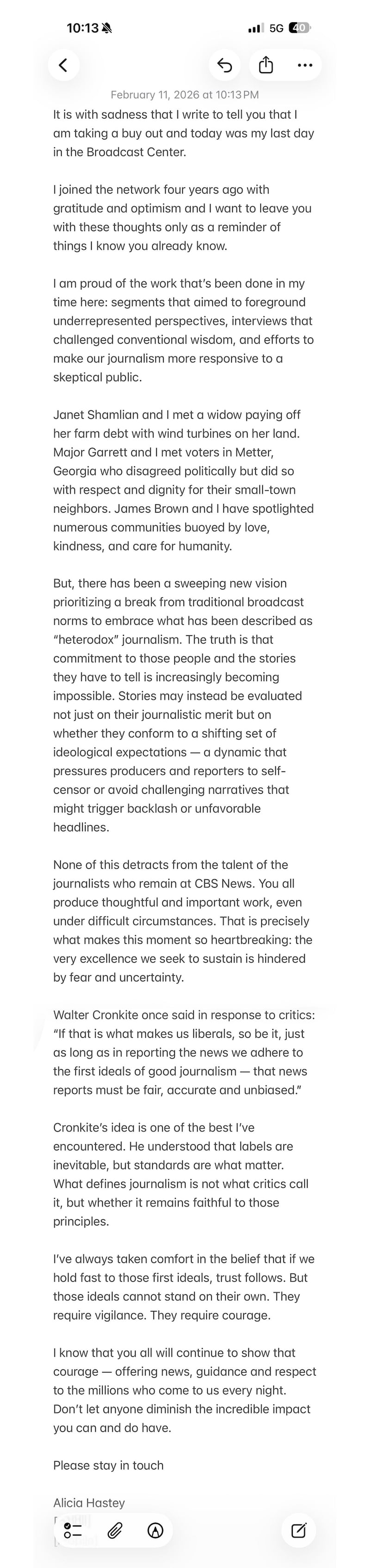 Email from former CBS producer Alicia Hastey