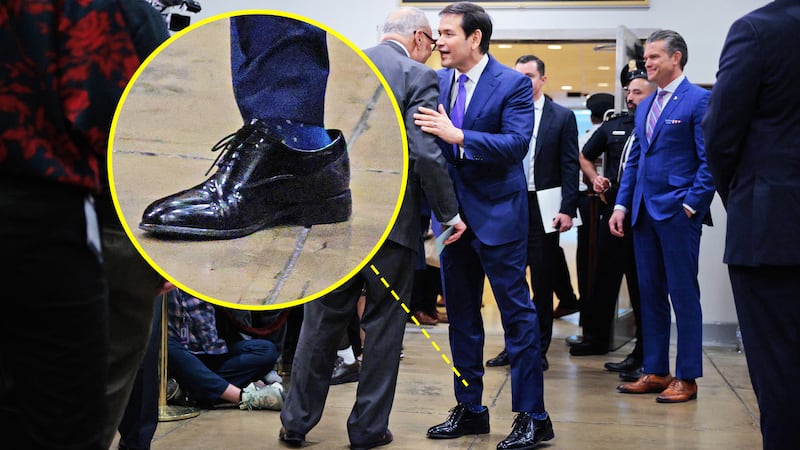 A photo composite highlighting Marco Rubio's ill-fitting dress shoes while meeting Chuck Schumer in January 2026.