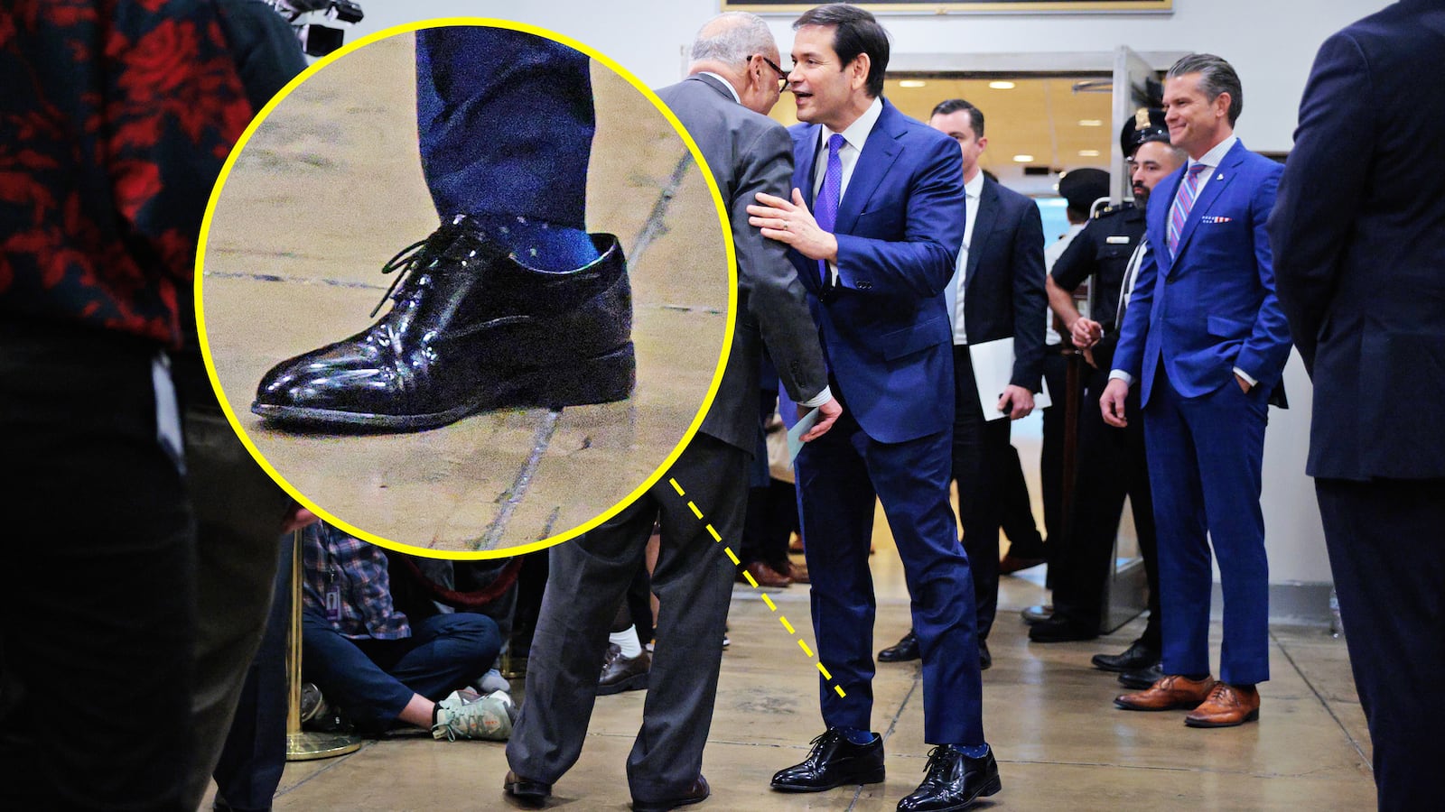 A photo composite highlighting Marco Rubio's ill-fitting dress shoes while meeting Chuck Schumer in January 2026.