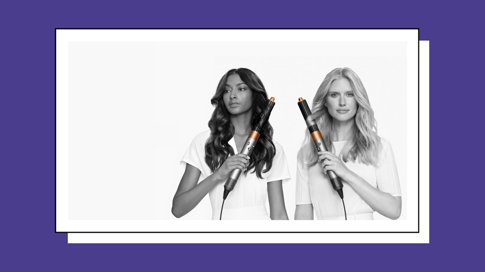 Two women holding the Dyson Airwrap multi-styler, showcasing smooth, styled hair created with the heat-controlled curling and styling tool.