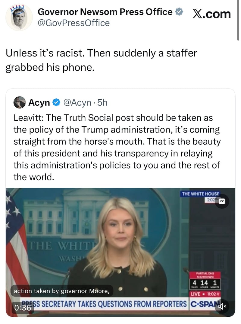 Gavin Newsom's Press Office post about Karoline Leavitt defending Trump.