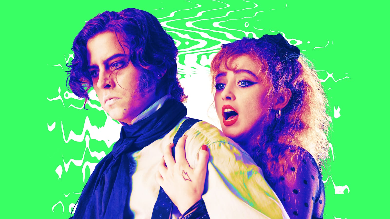 A photo illustration of Cole Sprouse and Kathryn Newton in Lisa Frankenstein.
