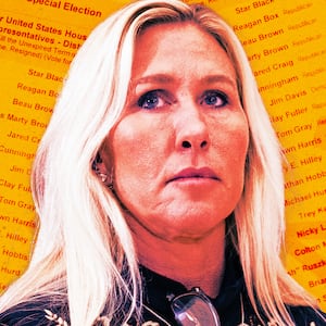 A photo illustration of Marjorie Taylor Greene in front of GA special election ballots.