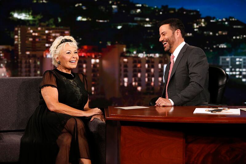 Roseanne Barr guests on Jimmy Kimmel's talk show in 2015.