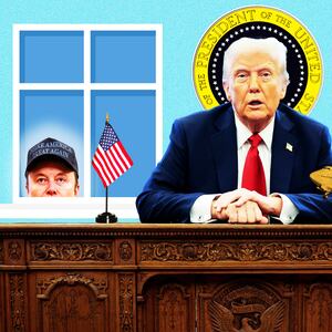 Donald Trump behind resolute desk, elon lookin in from window illustration