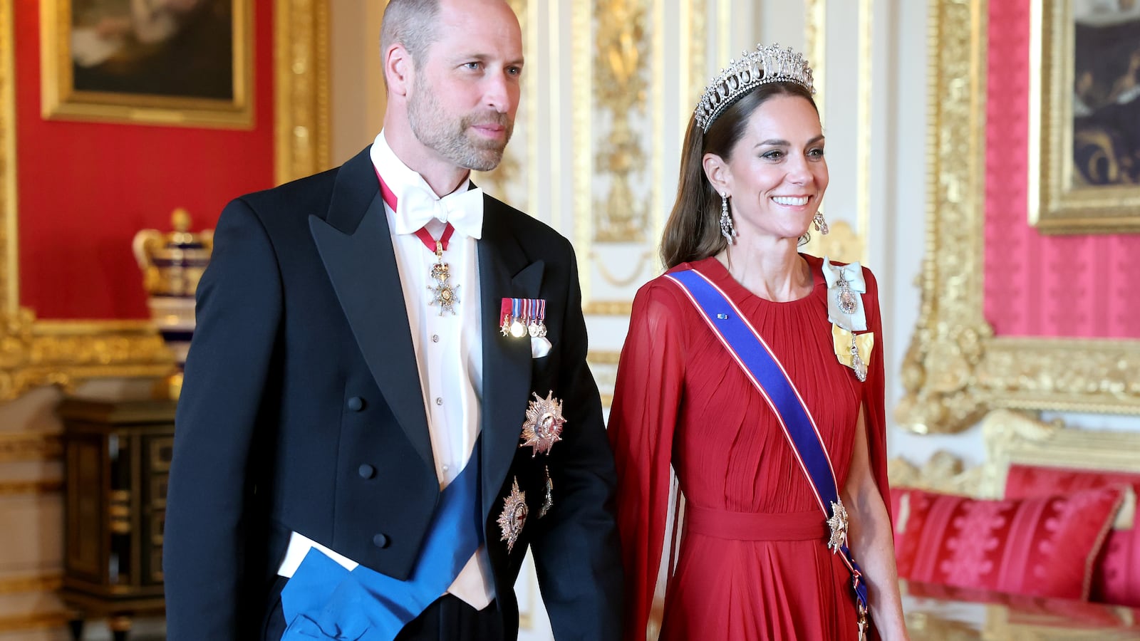 Prince William, Prince of Wales and Catherine, Princess of Wales attend a state banquet at Windsor Castle on July 8, 2025 in Windsor, England.