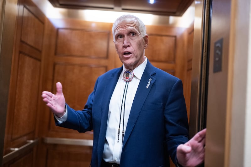 UNITED STATES - DECEMBER 17: Sen. Thom Tillis, R-N.C., talks with reporters in the U.S. Capitol on Wednesday, December 17, 2025. (Tom Williams/CQ-Roll Call, Inc via Getty Images)
