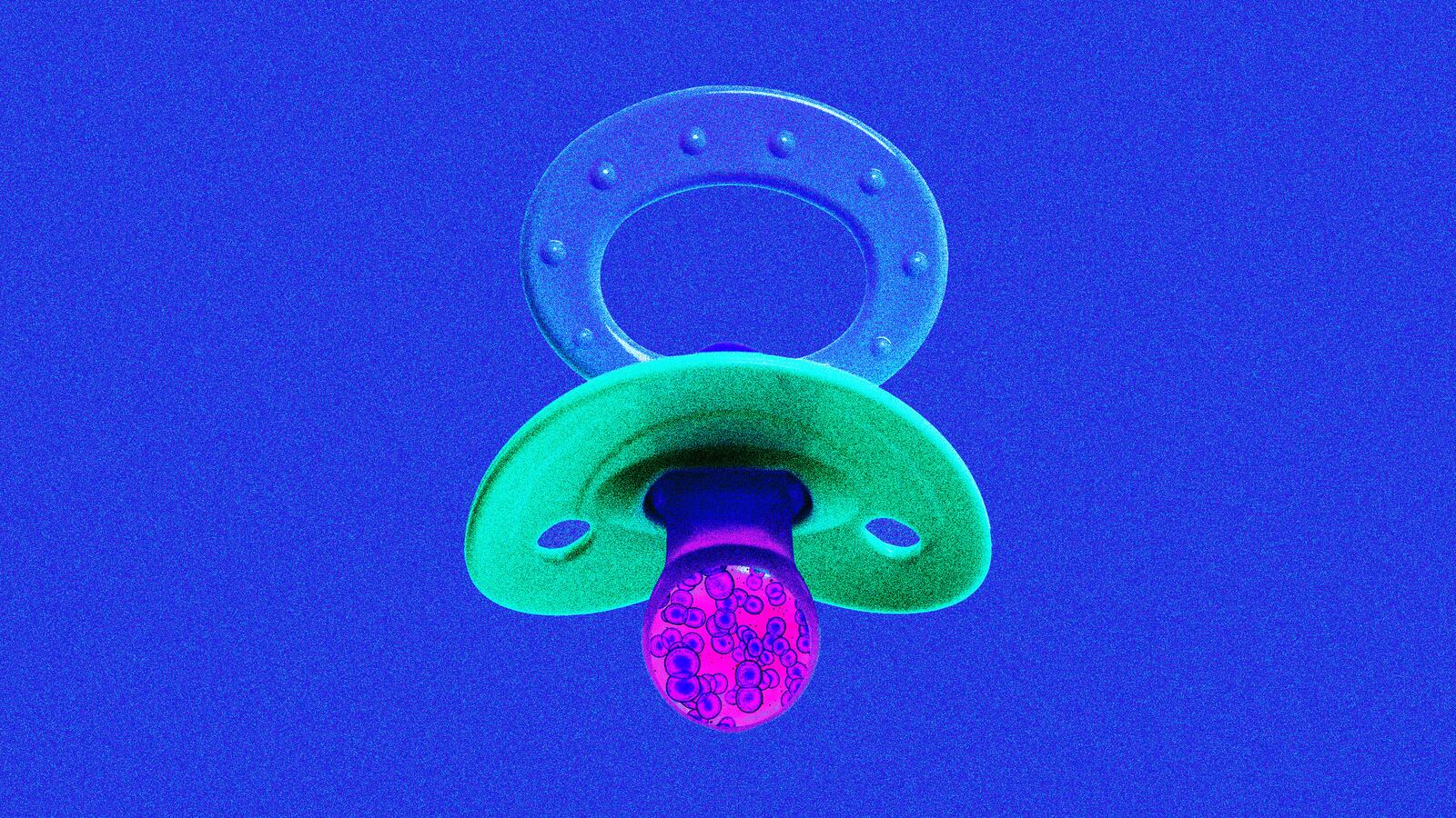 An illustration including photos of Bacteria, Microbiomes, and a Baby Pacifier