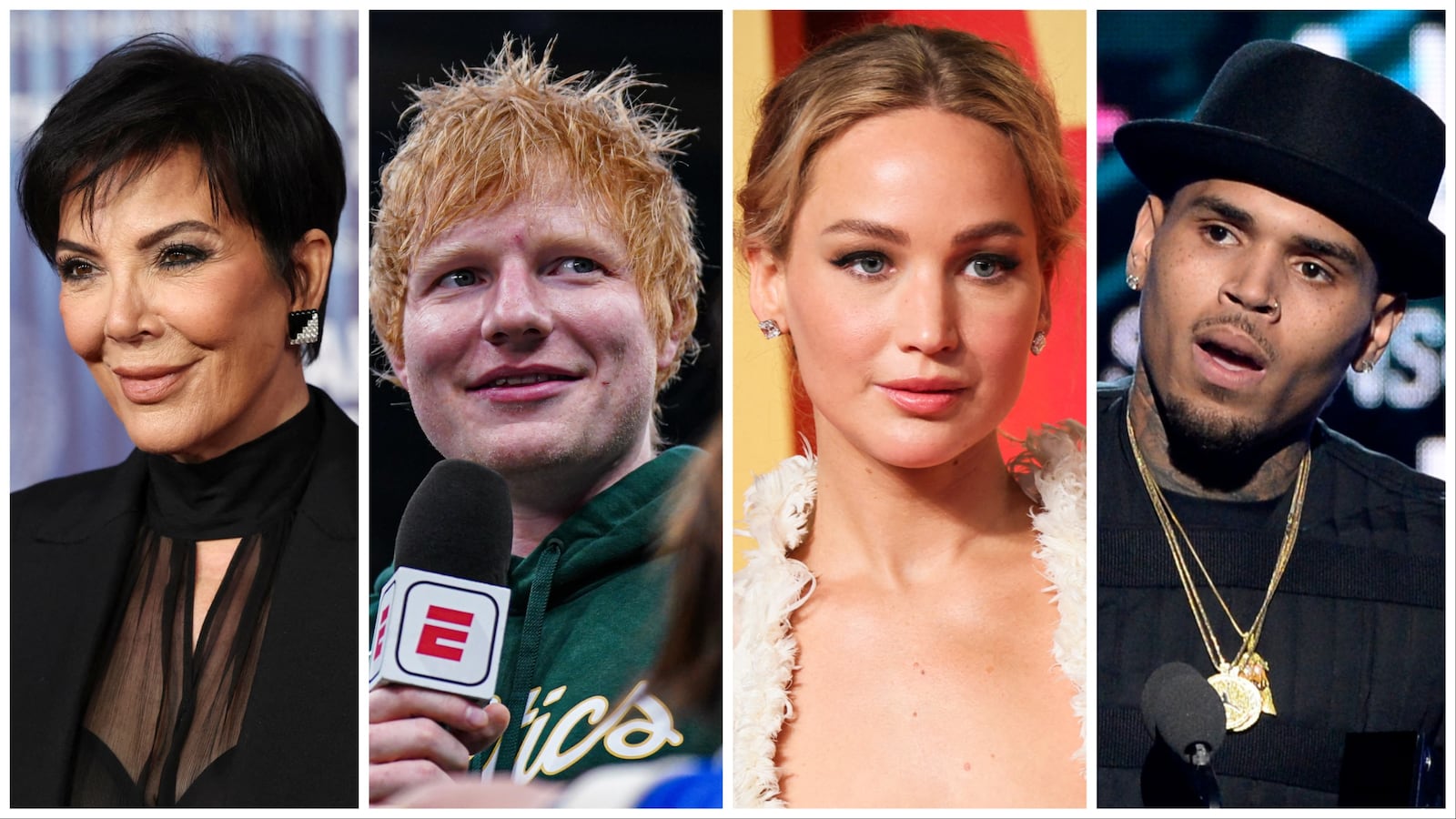 Kris Jenner, Ed Sheeran, Jennifer Lawrence and Chris Brown.