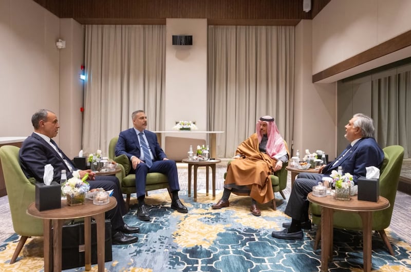 Foreign ministers from Egypt, Turkey, Saudi Arabia and Pakistan gathered in Riyadh for talks, in a photo released by the Saudi government.