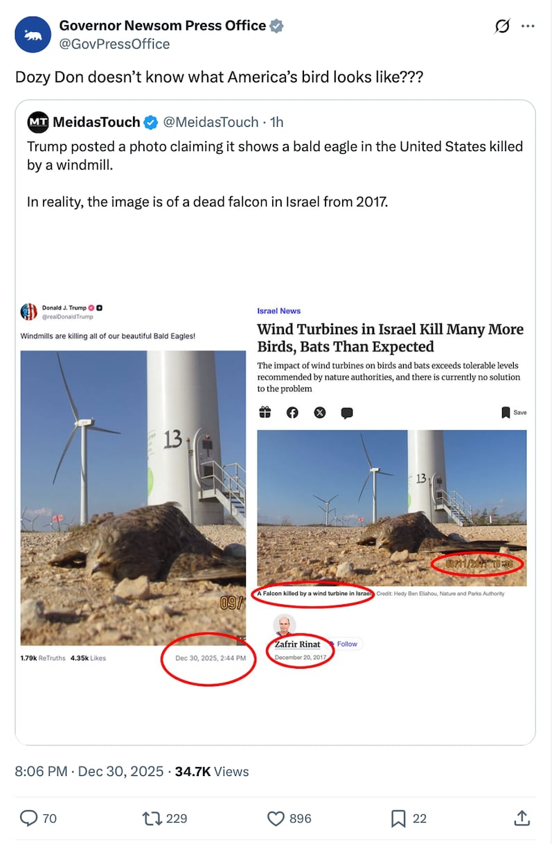 Newsom's team revived the term "Dozy Don" after the president erroneously claimed a windmill killed a bald eagle.