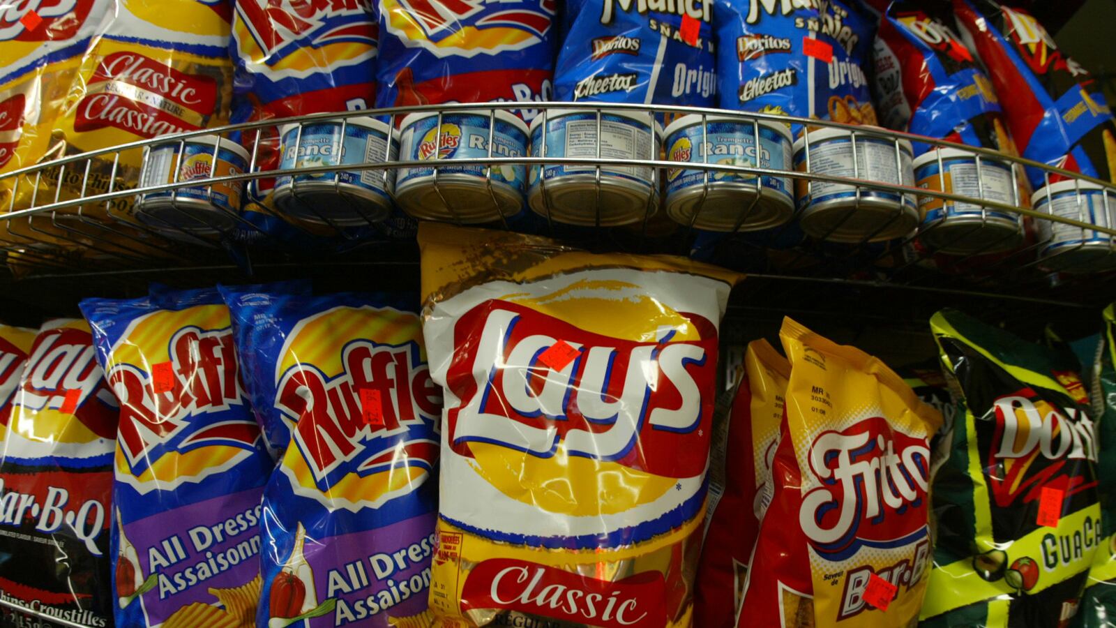 Lay’s potato chips on a grocery store shelf.