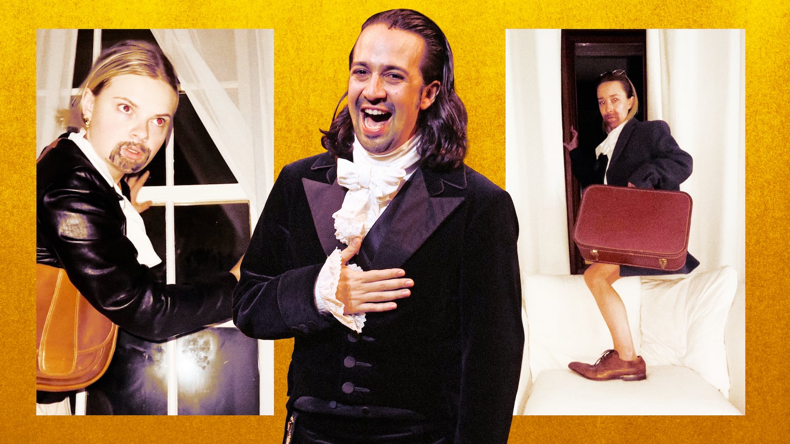A photo illustration of Lin Manuel Miranda in the Hamilton broadway and TikToks of people acting out a scene.
