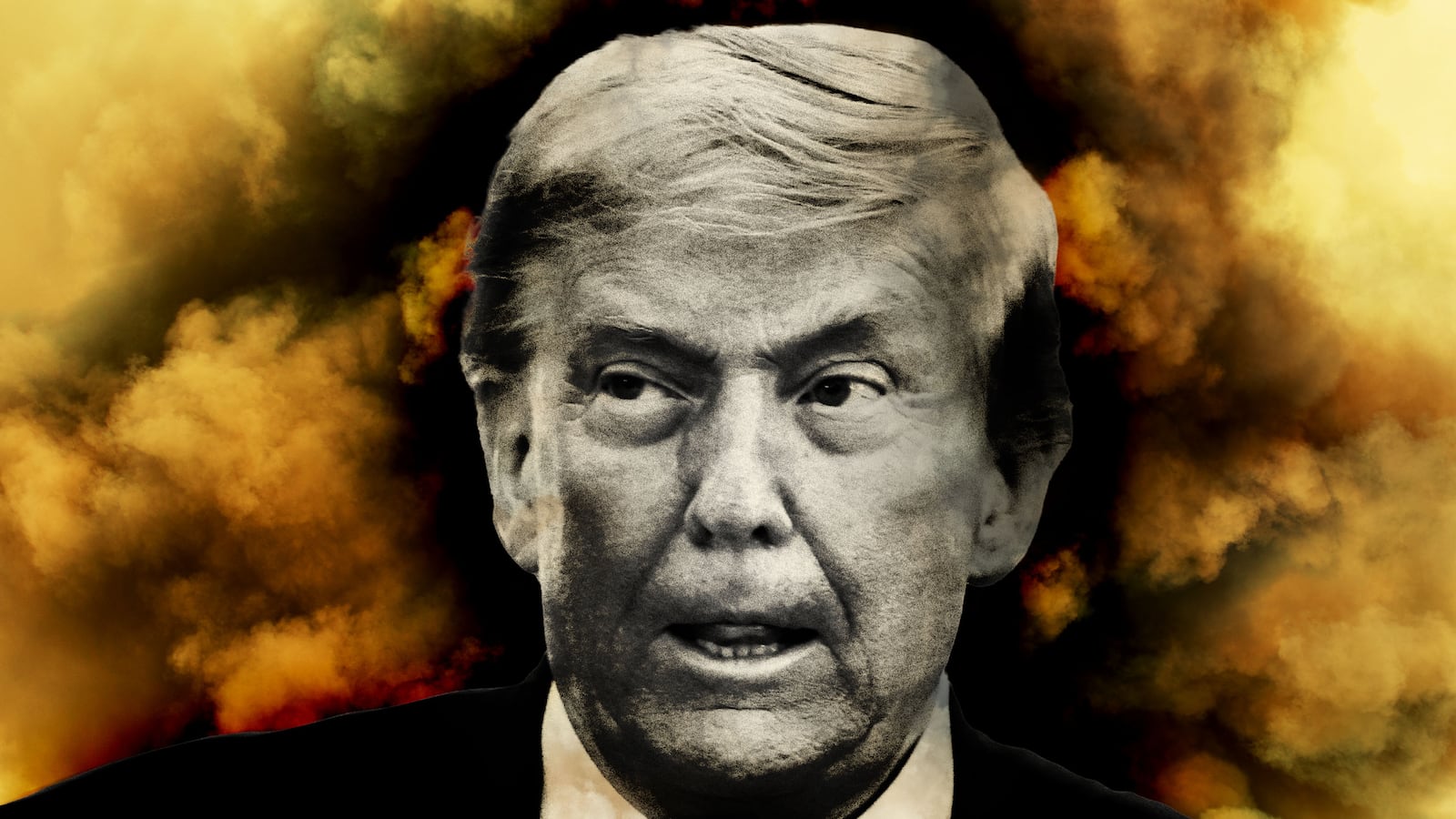 Illo illustration of Donald Trump in front of an explosion