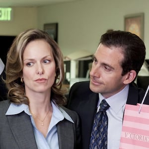 Melora Hardin as Jan Levinson and Steve Carell as Michael Scott
