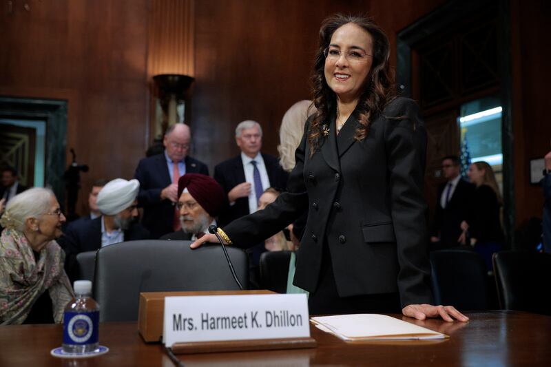 Harmeet Dhillon prepares for her confirmation hearing before the Senate Judiciary Committee in the Dirksen Senate Office Building on Capitol Hill on February 26, 2025 in Washington, DC.