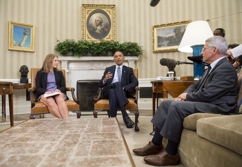 US President Barack Obama, alongside Secretary of Health and Human Services Sylvia Mathews Burwell and Director of NIH/NIAID Dr. Anthony Fauci (R), speaks about the response and precautions to take for the Zika virus, during a meeting in the Oval Office of the White House in Washington, DC, July 1, 2016.
