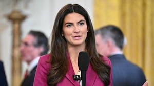 CNN broadcast journalist Kaitlan Collins speaks during a live shot before US President Donald Trump and Japanese Prime Minister Shigeru Ishiba hold a joint press conference in the East Room of the White House in Washington, DC, on February 7, 2025. (Photo by Mandel NGAN / AFP)