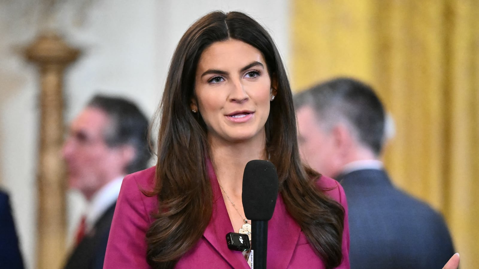 CNN broadcast journalist Kaitlan Collins speaks during a live shot before US President Donald Trump and Japanese Prime Minister Shigeru Ishiba hold a joint press conference in the East Room of the White House in Washington, DC, on February 7, 2025. (Photo by Mandel NGAN / AFP)
