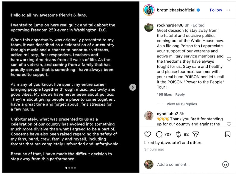 Bret Michaels announced early Friday he was dropping out of Freedom 250.