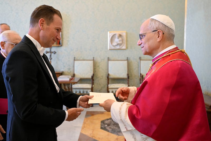 Pope Leo XIV receives in audience at the Apostolic Palace the ambassador of the United States of America, His Excellency Mr. Brian Francis Burch, on the occasion of the presentation of his credential letters on September 13, 2025 in Vatican City, Vatican