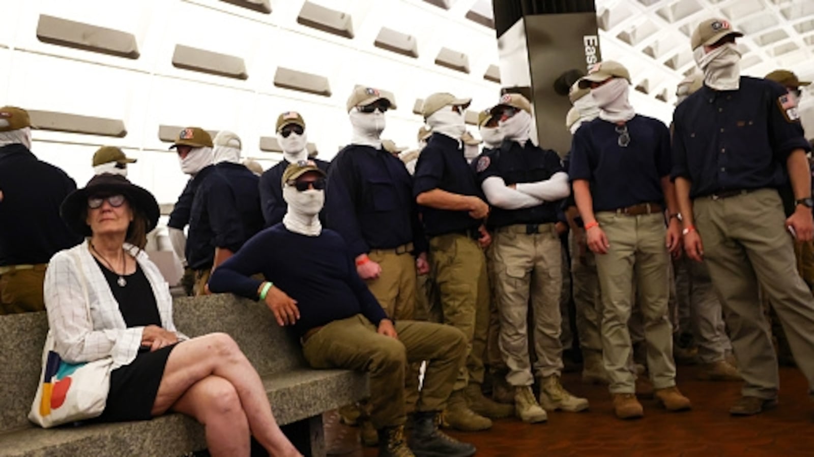 Members of the white supremacist group Patriot Front wait to board a train at Eastern Market metro station on July 04, 2026 in Washington, DC. Numerous events, activities, and fireworks are planned in celebration of America's 250th Anniversary.