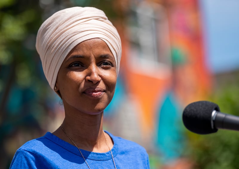 MINNEAPOLIS, MN - AUGUST 11: Rep. Ilhan Omar (D-MN) speaks with media gathered outside Mercado Central on August 11, 2020 in Minneapolis, Minnesota. Omar is hoping to retain her seat as the representative for Minnesota's 5th Congressional District in today's primary election. (Photo by Stephen Maturen/Getty Images)